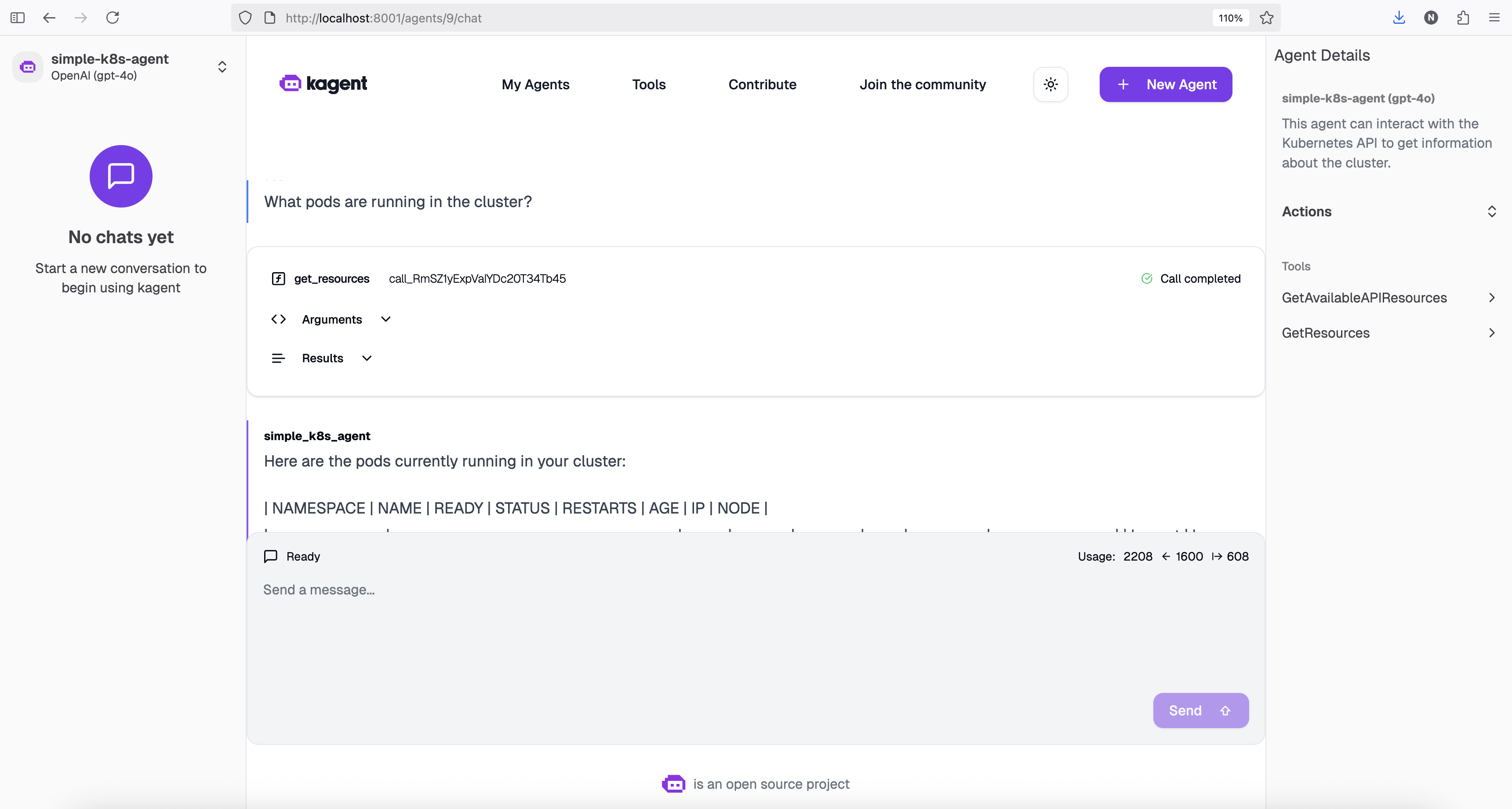 Dashboard showing the first agent chat