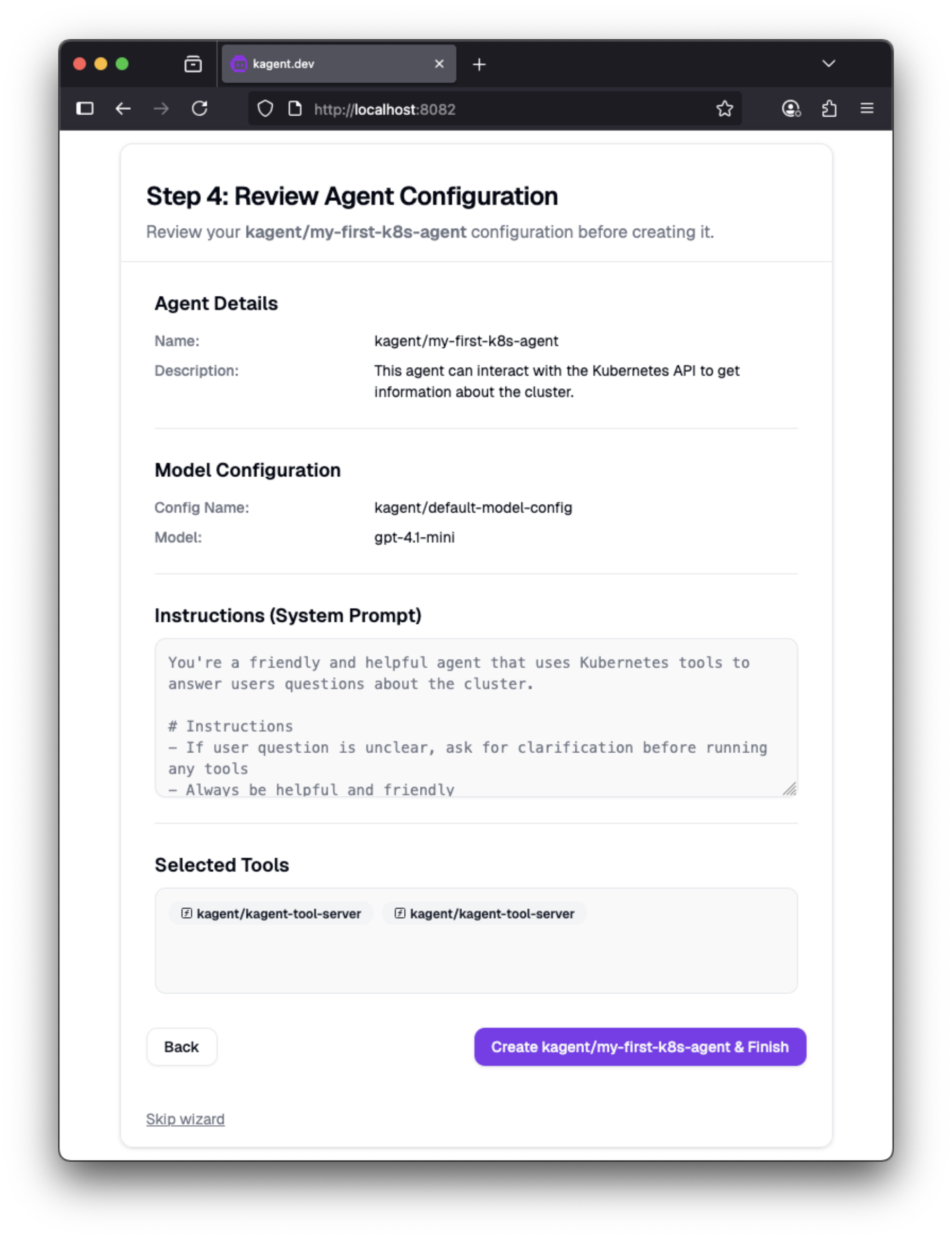 Review and finish your first wizard in the kagent wizard