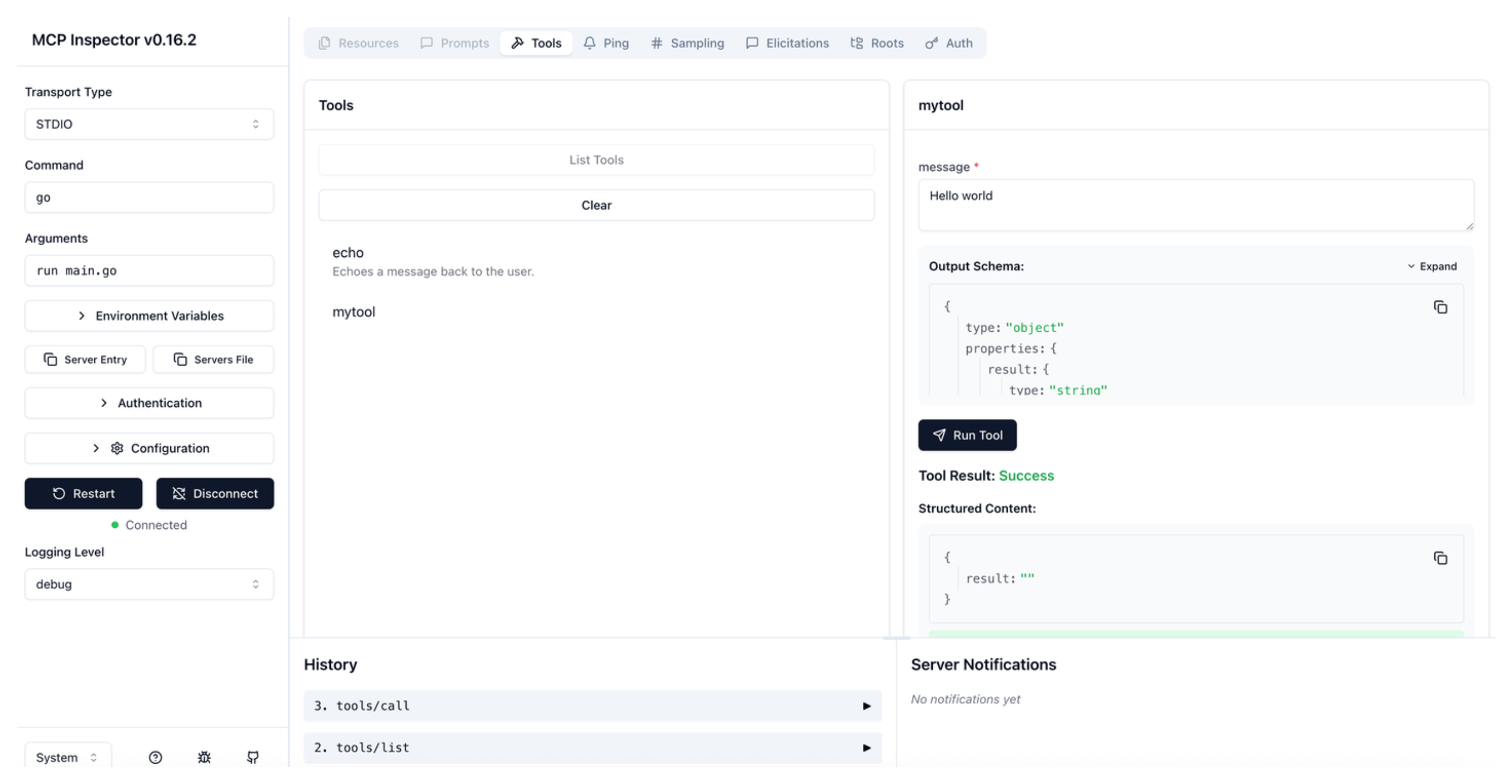 Successful run of the mytool tool