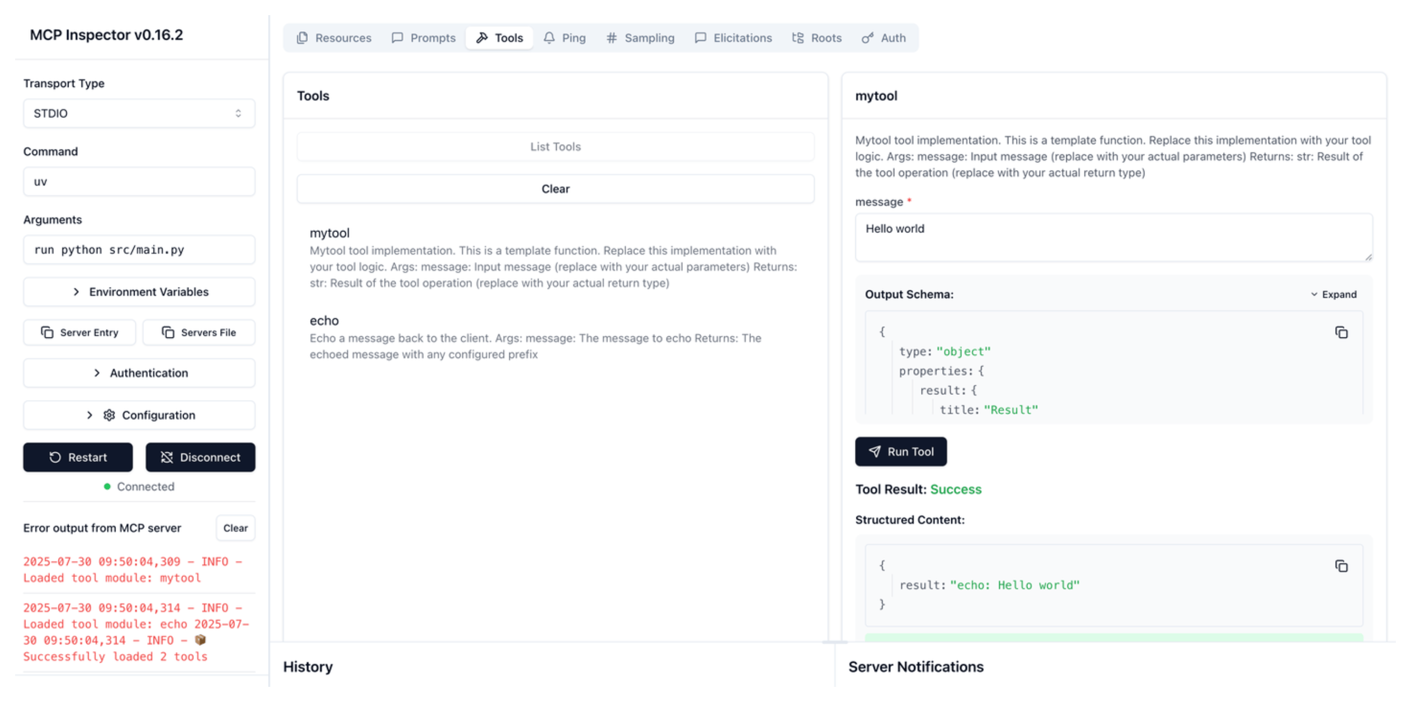 Successful run of the mytool tool