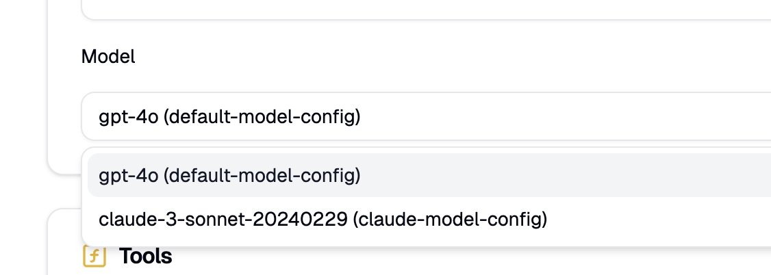 kagent model selection dropdown