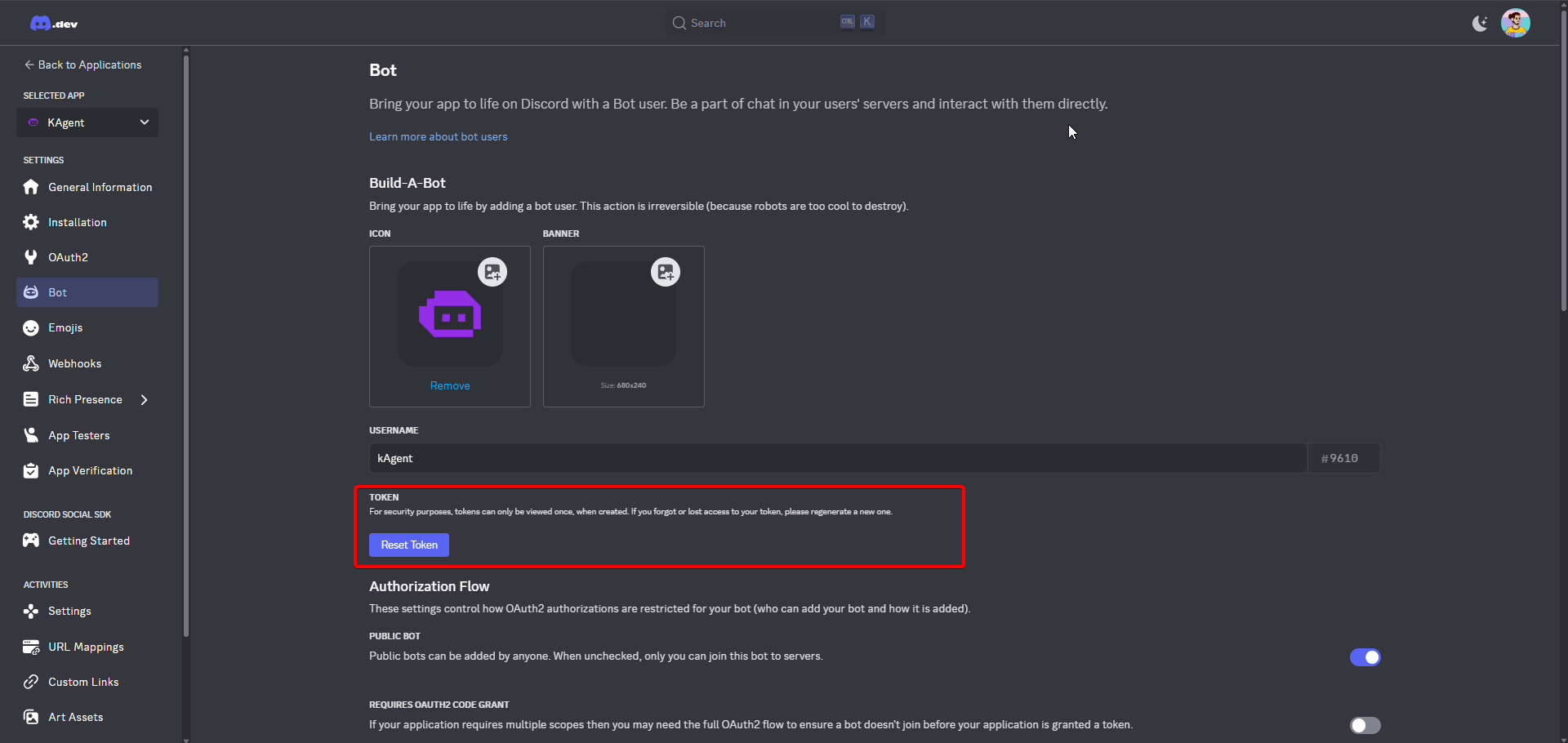 Discord Developer Portal : Bot Reset Token