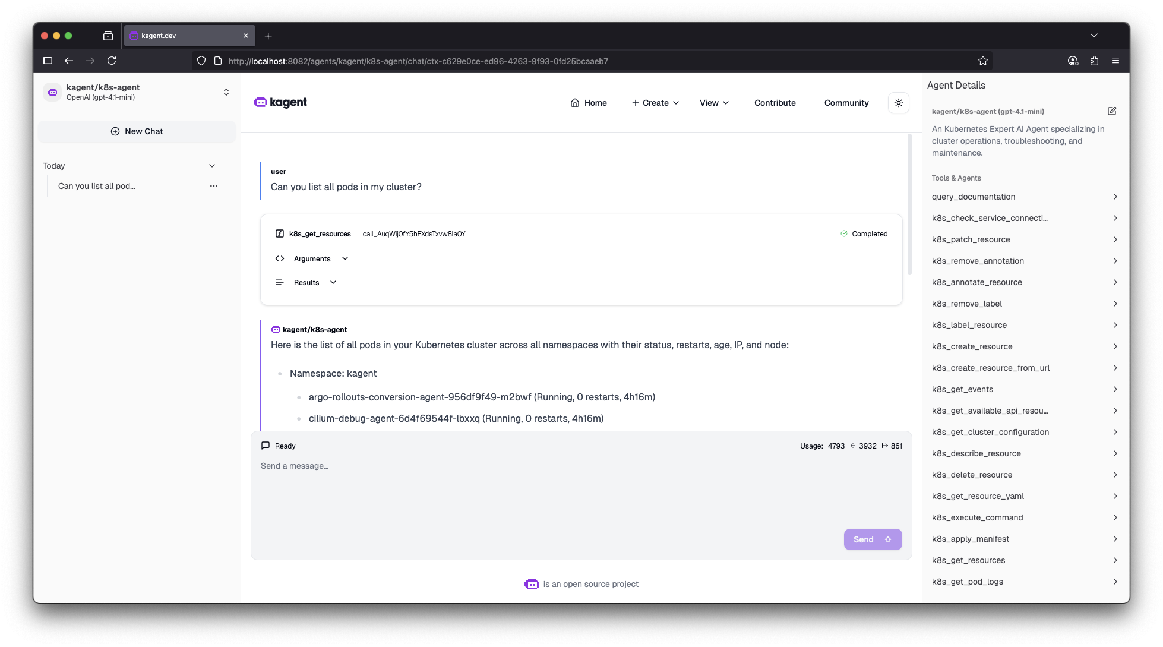 Chatting with an agent kagent UI