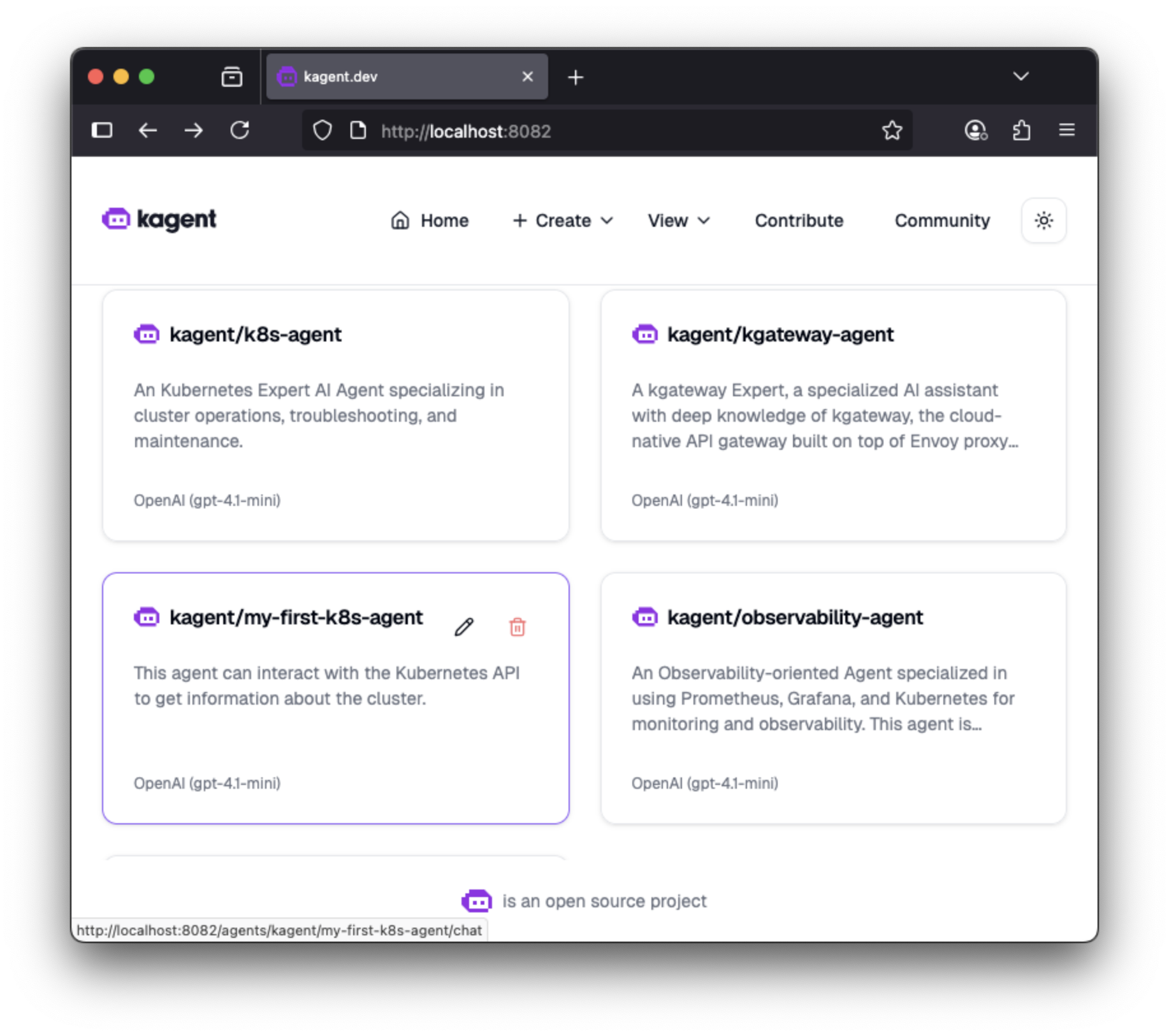 kagent dashboard main page kagent UI