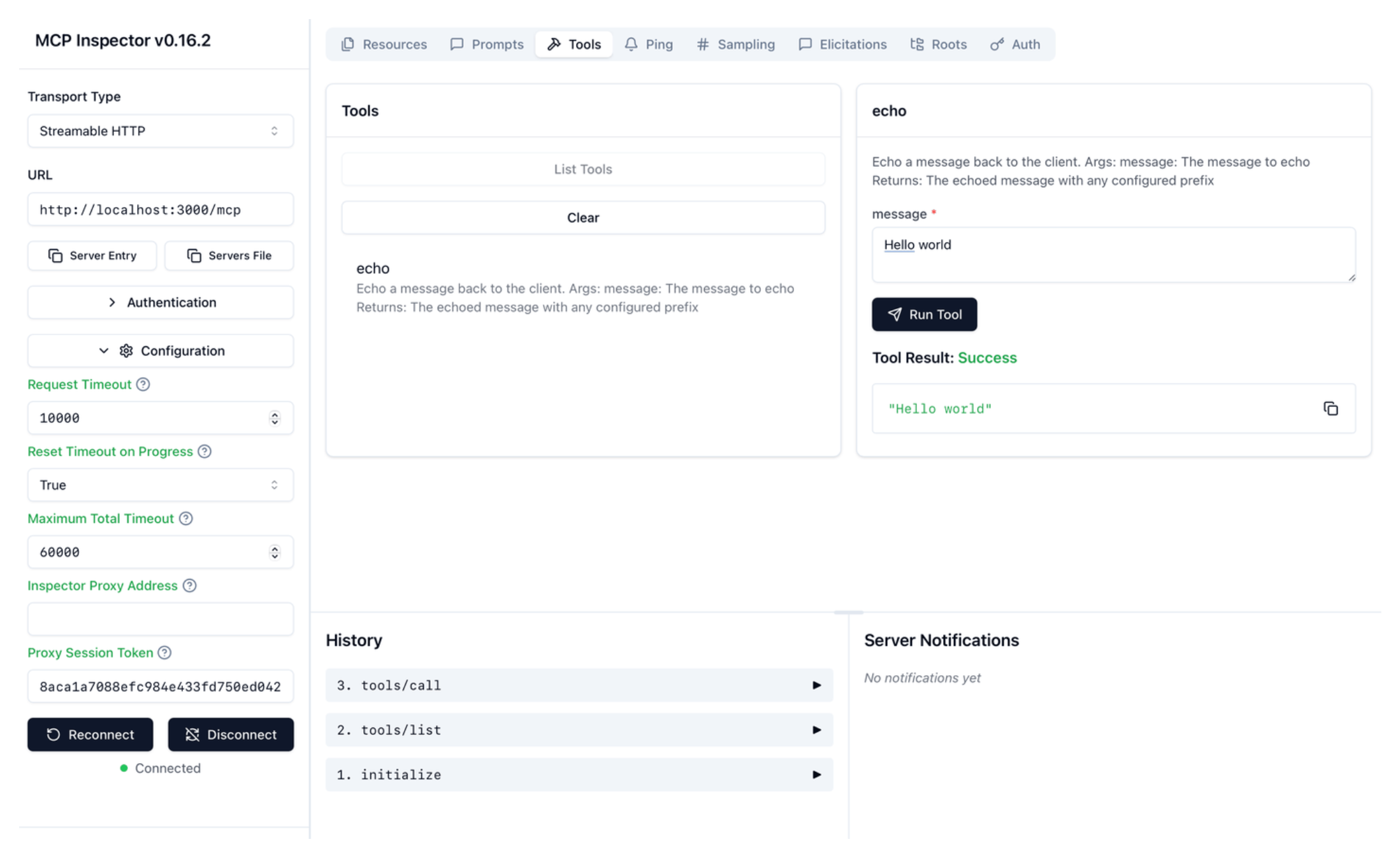 Successful run of the echo tool Run echo tool in MCP inspector UI