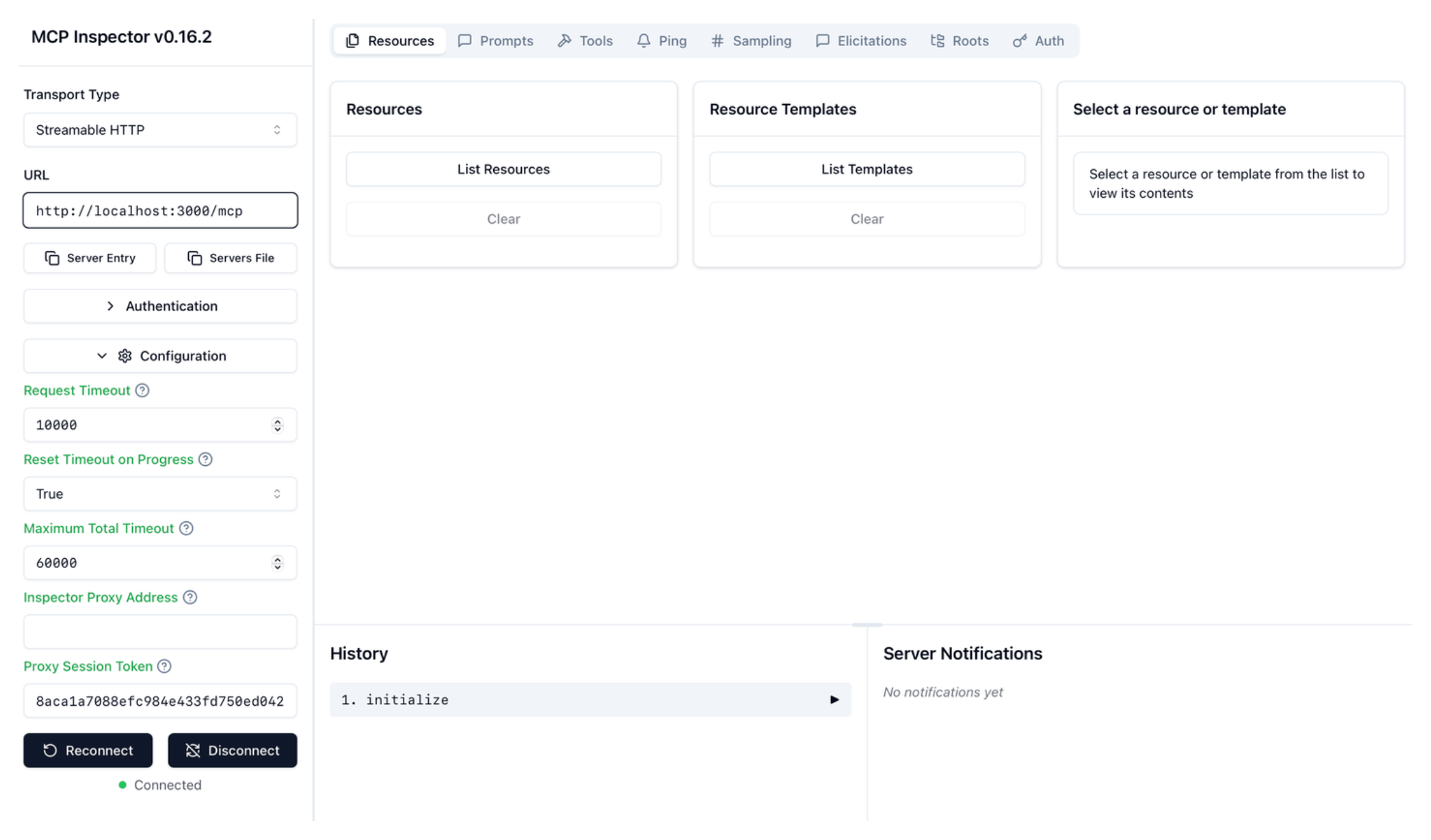 Connect to FastMCP server with MCP inspector tool MCP inspector UI for FastMCP