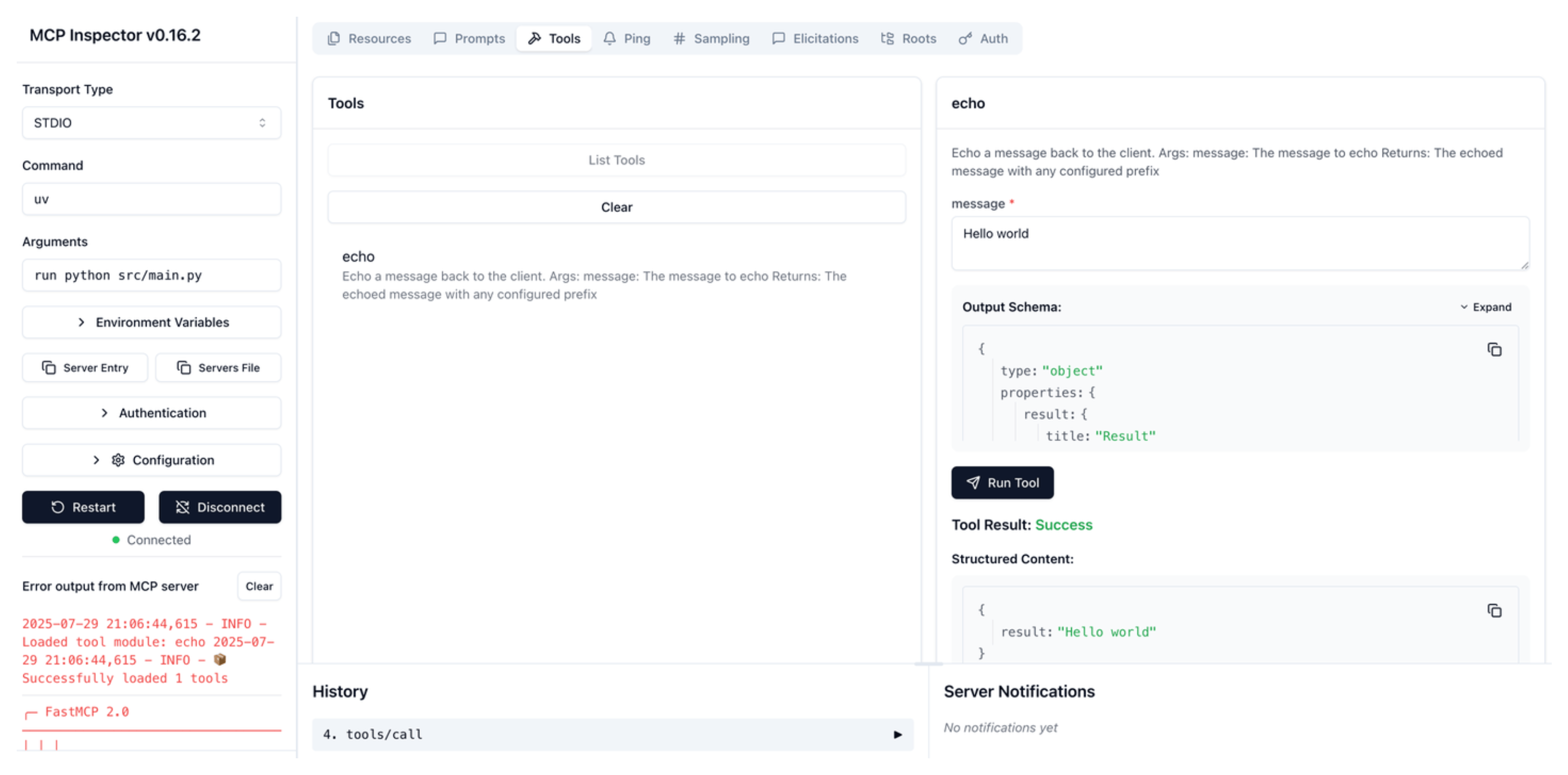 Successful run of the echo tool Run echo tool in MCP inspector UI