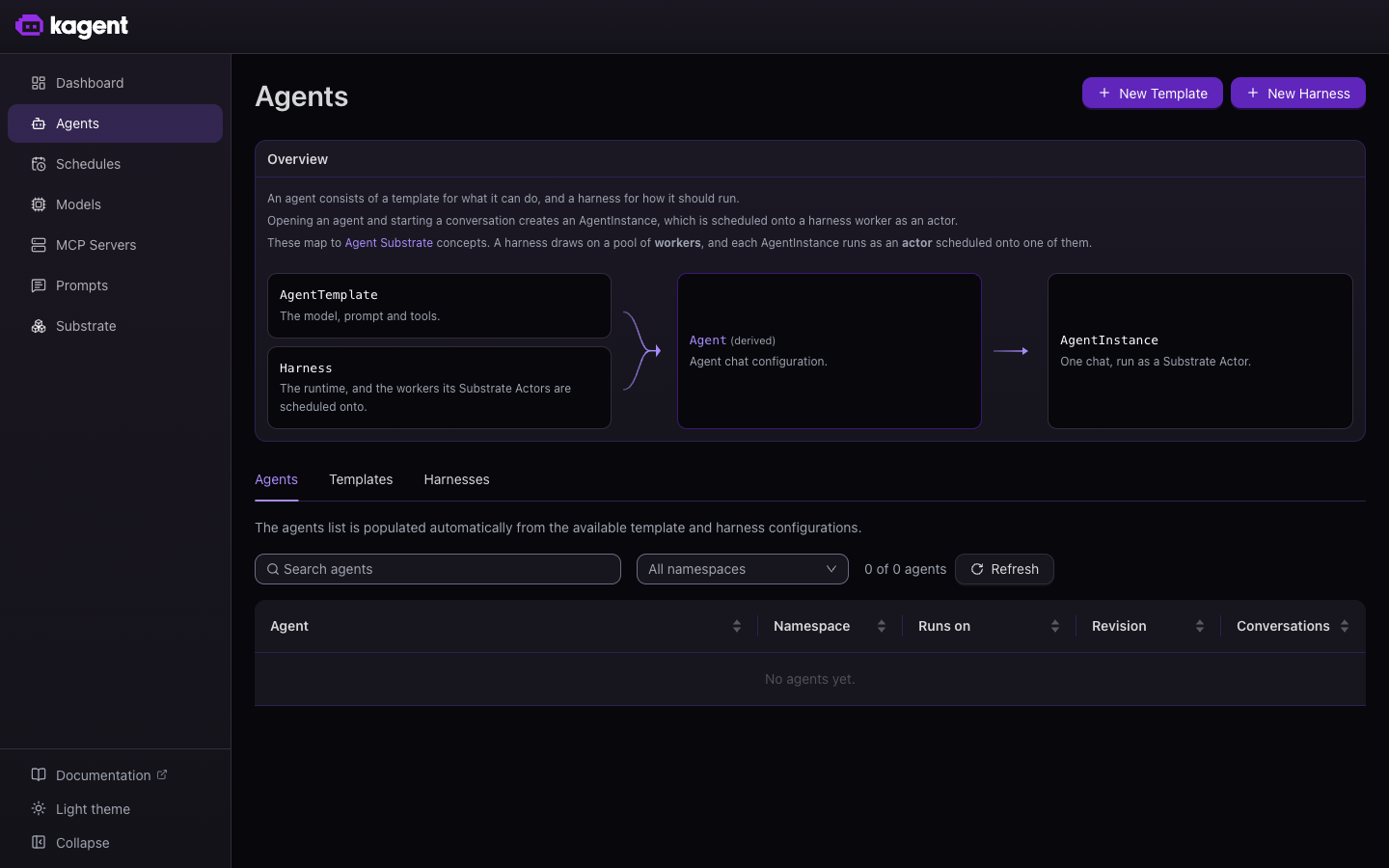 The Agents page, listing agents, templates, and harnesses